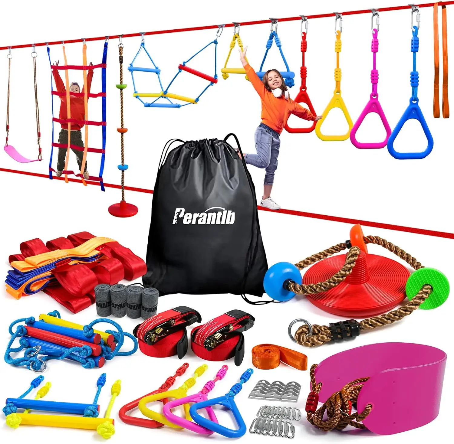 

Ninja Warrior Obstacle Course for Kids-2x56ft Double Ninja Slackline with 11 Accessories for Kids,Swing,Climbing Rope S