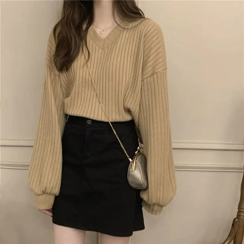 Sweat-shirt rayé pour femmes, ample, col en v, couleur unie, sweat à capuche sans chapeau, décontracté, confortable, haut pull féminin, automne