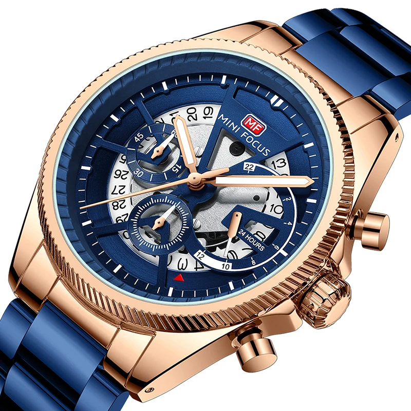 Mini Focus MF0490G Orologio da uomo semplice di lusso Cronografo con cinturino in acciaio inossidabile Lancette luminose Orologi al quarzo impermeabili