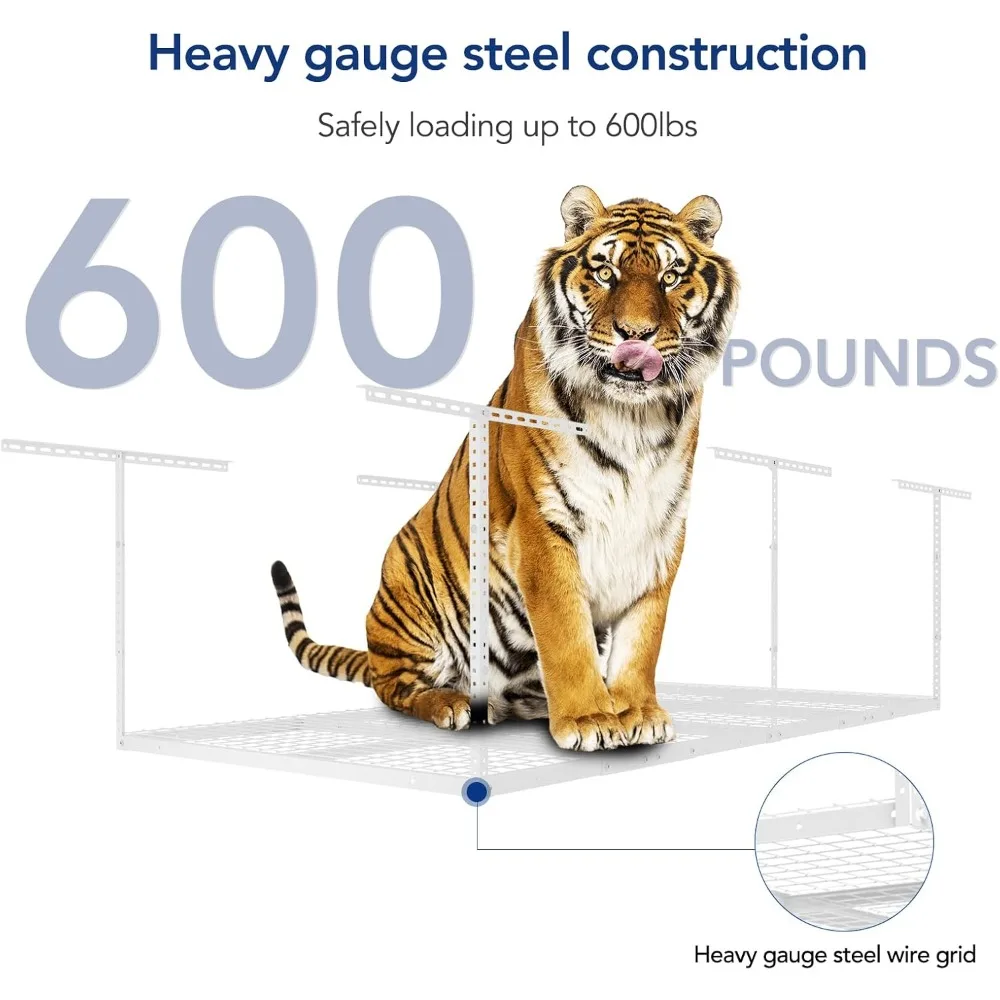 Rak Penyimpanan Garasi Overhead 4X8, Sistem Organisasi Dapat Disesuaikan, Rak Langit-langit Logam Tugas Berat, Kapasitas Berat 600Lbs