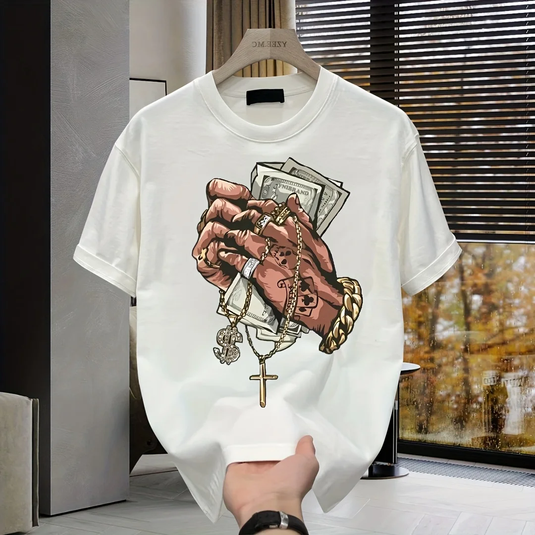 Palm Cross Printed T-shirt for Men and Women's Casual Fashion Trend Simple Short Sleeve Personalized Retro Top T-shirt