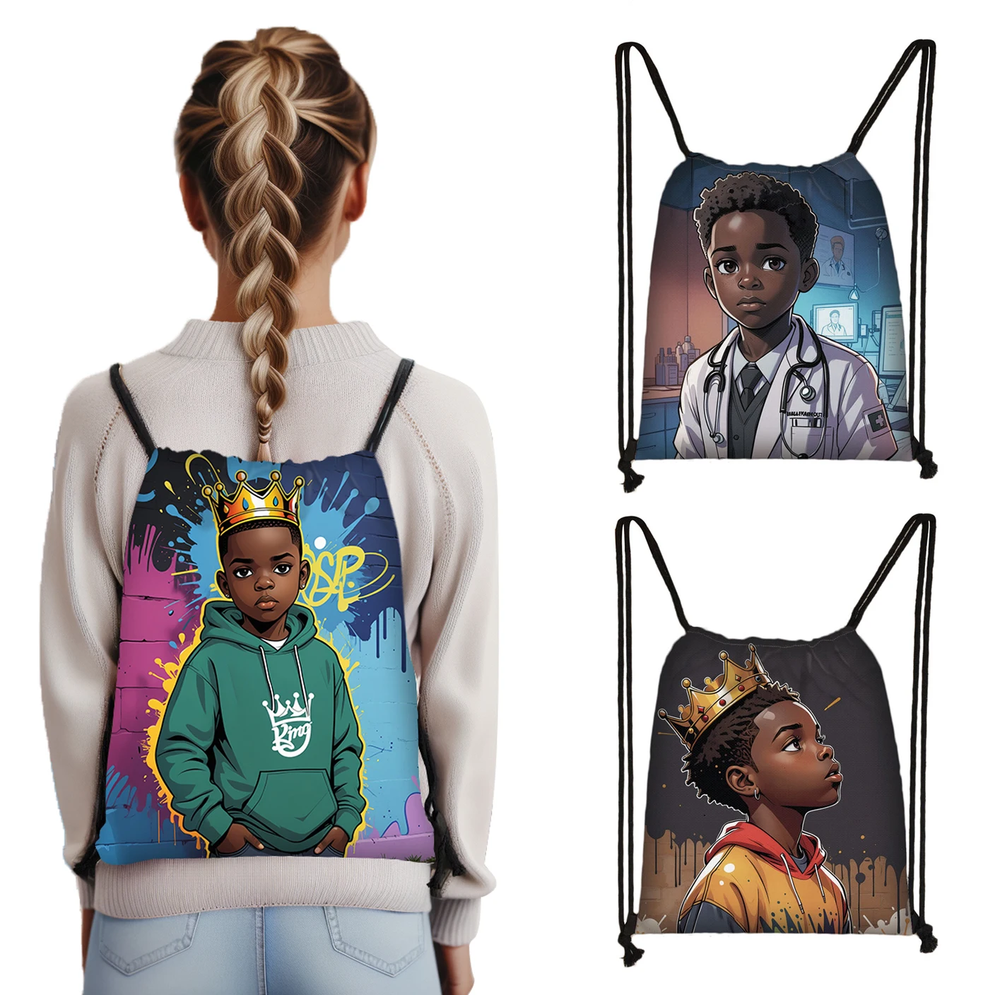 Cartoon Black King Boy Drawstring Bag Cool Astronaut Doctor Pilot Afro Boys Backpack Shoes Storage Bags Bookbag Shoes Holder