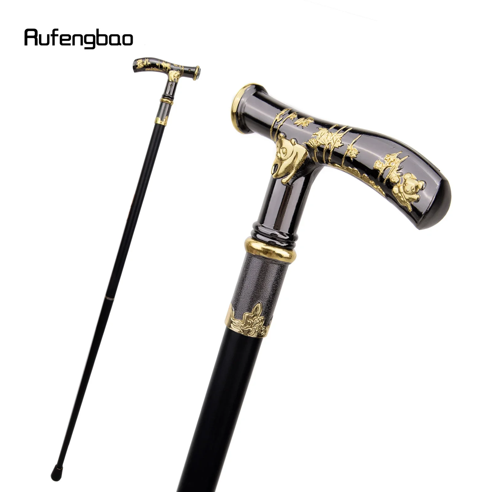 Gold Black Panda Compass Walking Cane Fashion Decorative Walking Stick Gentleman Elegant Cosplay Cane Knob Crosier 93cm