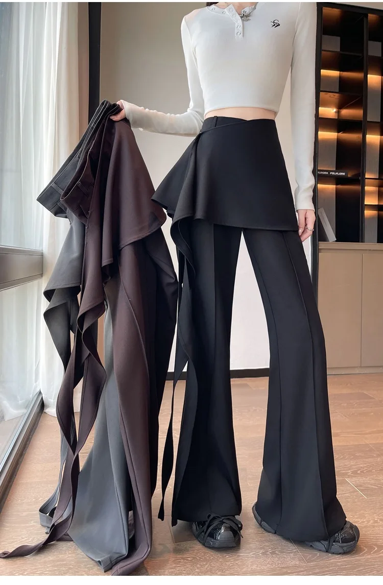 Korean Chic Skirt Overlay Flare Pants Women High Waist Draped Ribbon Fake Two Piece Bell Bottom Trousers Elegant Commute Bottom