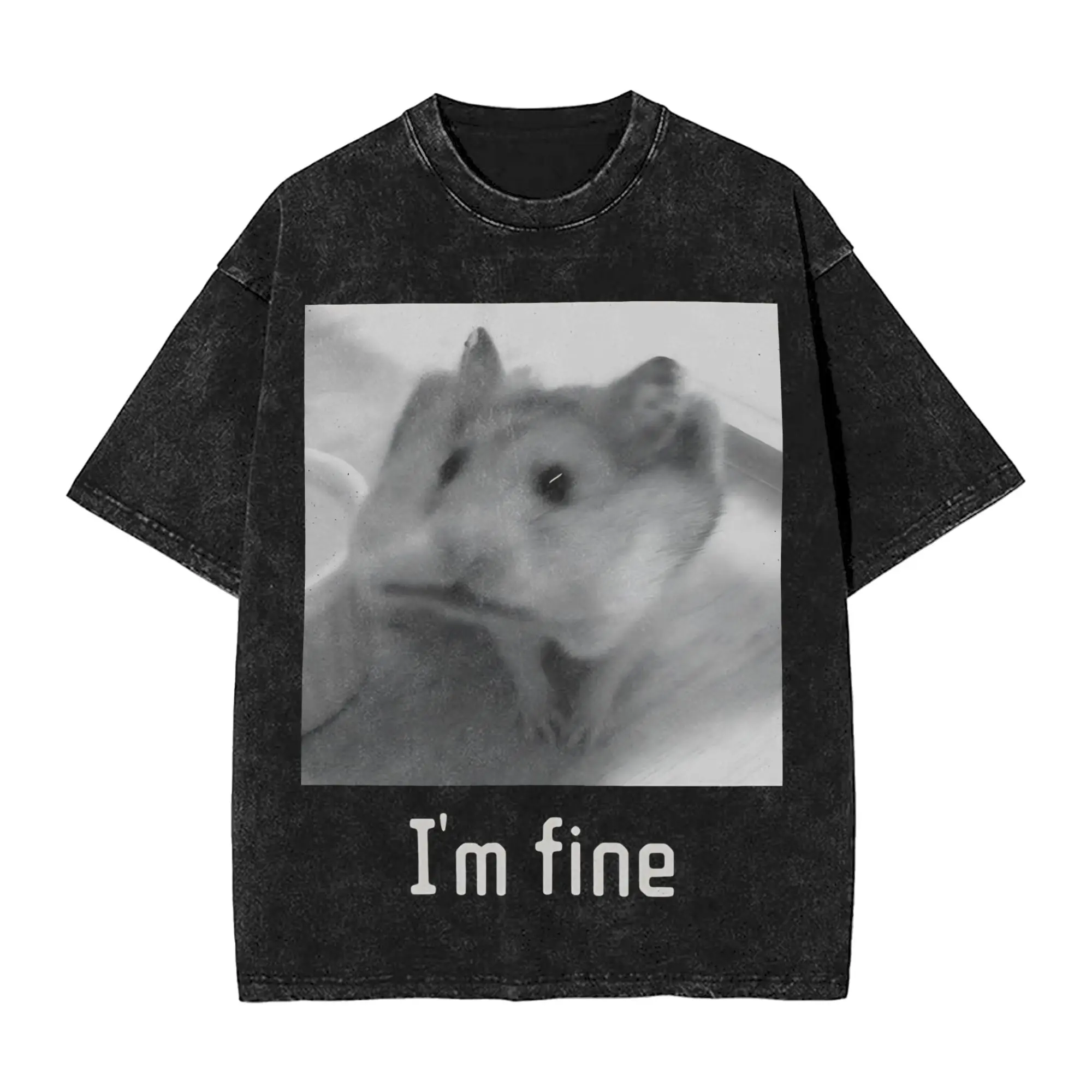 Washed T Shirt Im Fine Hamster Cute Chaos Animal Hip Hop Retro T-Shirts Street  Streetwear Short Sleeve Graphic Tees Men Women