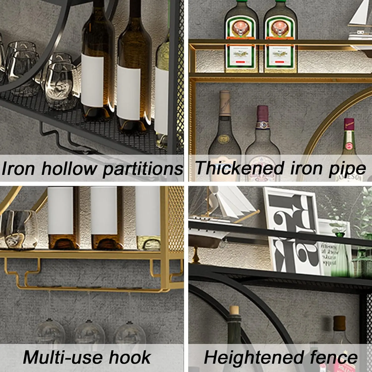 Rack de vinho montado na parede, rack de vinho pendurado de grande capacidade de metal, rack de vinho redondo de 3 camadas, armário de barra de parede com suporte de vidro