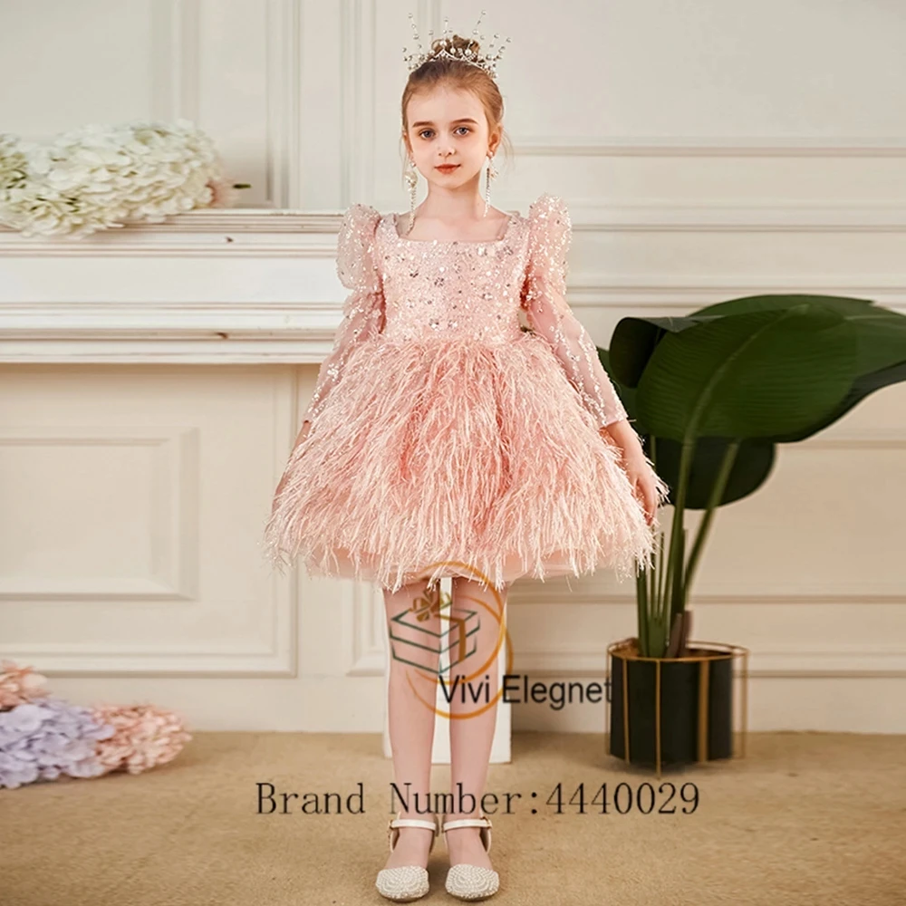 Square Collar Flower Girls Dresses with Feather Full Sleeve Wedding Party Dresses for Kids 2024 Summer Knee Length فلور فتاة الل