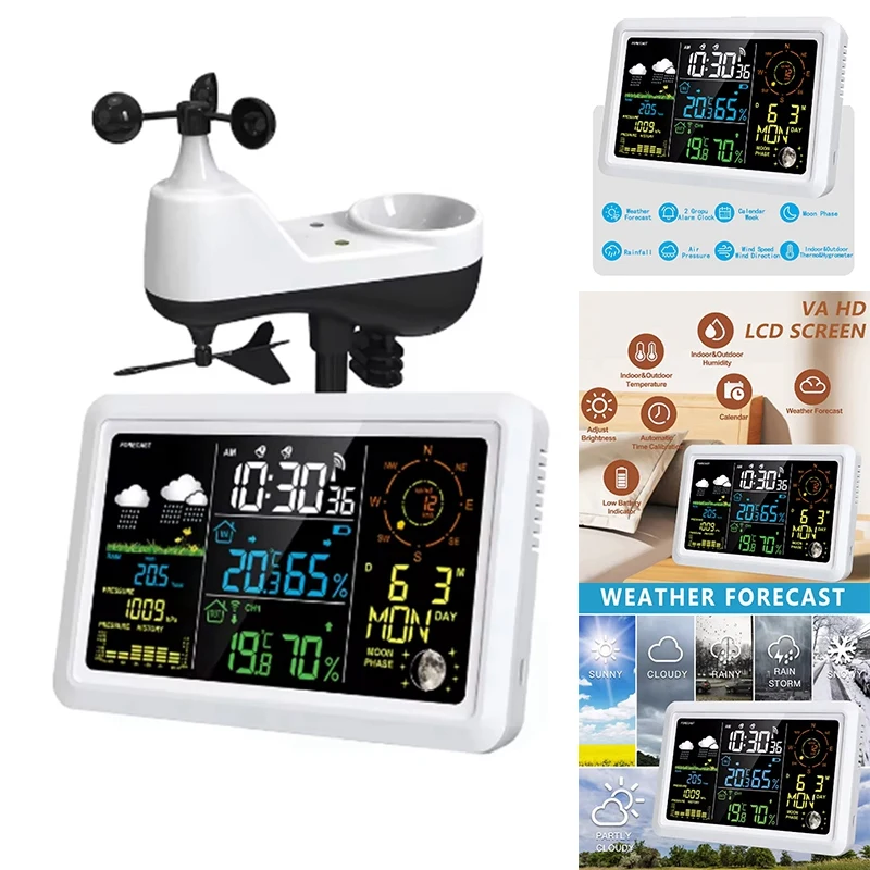 

Weather Station VA LCD Screen Weather Station Wind Speed And Direction Moon Phase US PLUG