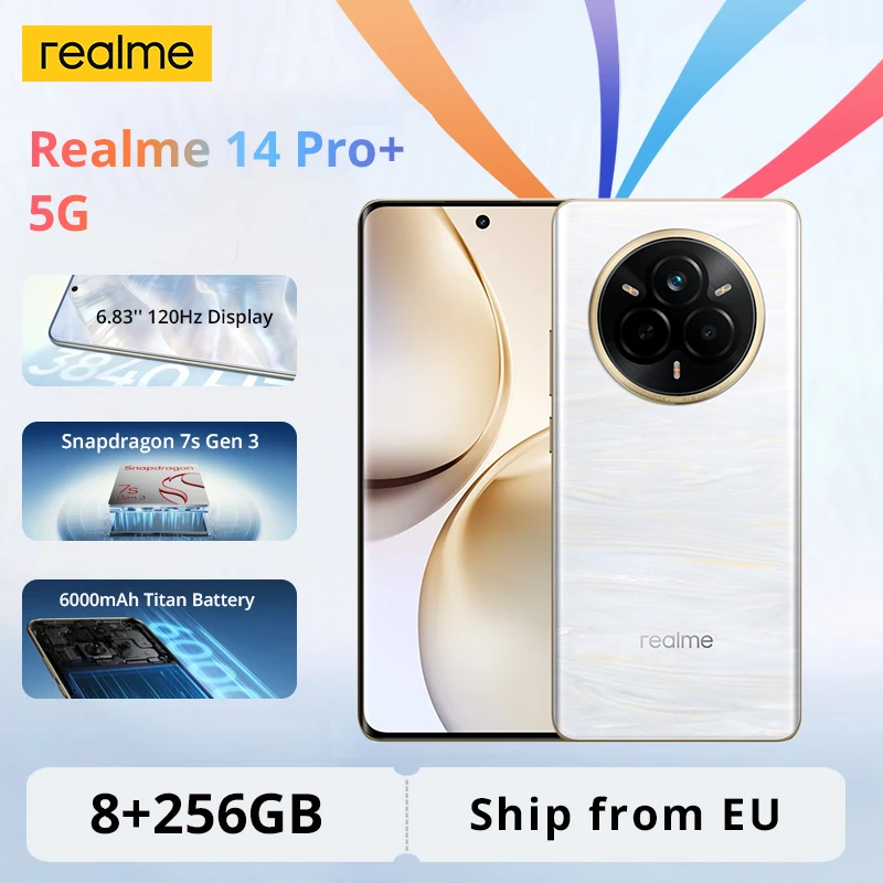 Original Realme 14 Pro+ 5G 8 Go/256 Go, Snapdragon 7s Gen 3, 50MP OIS Camera, Batterie de 6 000 mAh, IP69, No Charger, NFC