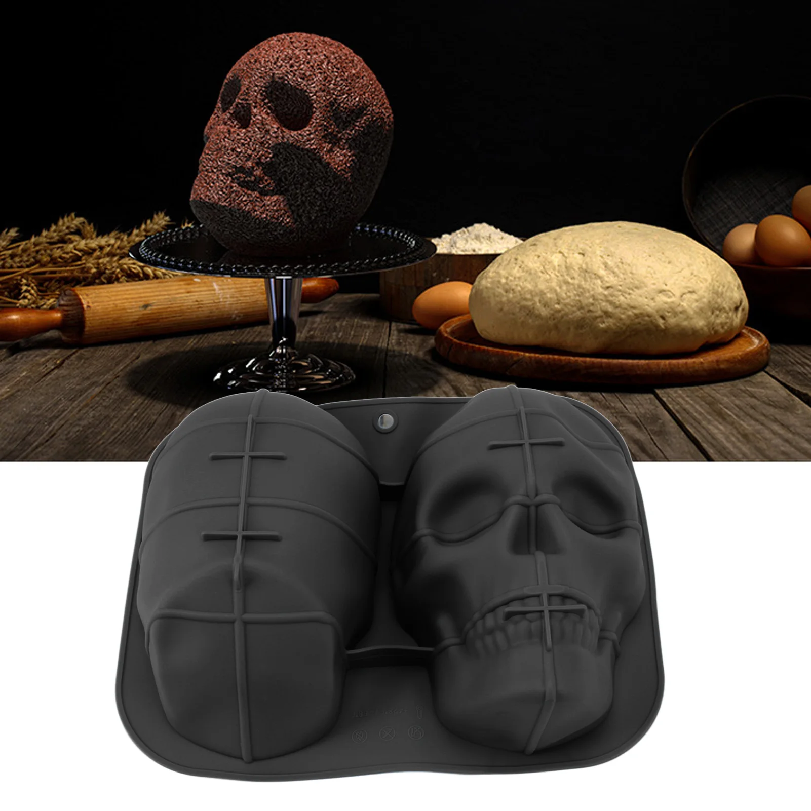 Molde para hornear con cabeza de calavera ZK40, molde de silicona suave con cabeza de esqueleto de Halloween para pastel, galleta, Chocolate, caramelo, hielo, negro