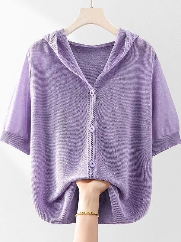 

Thin Ice Silk Knitted ort Sve T-irt for Women with Hat European Sle Summer Faion Commute Sle Color Regular...