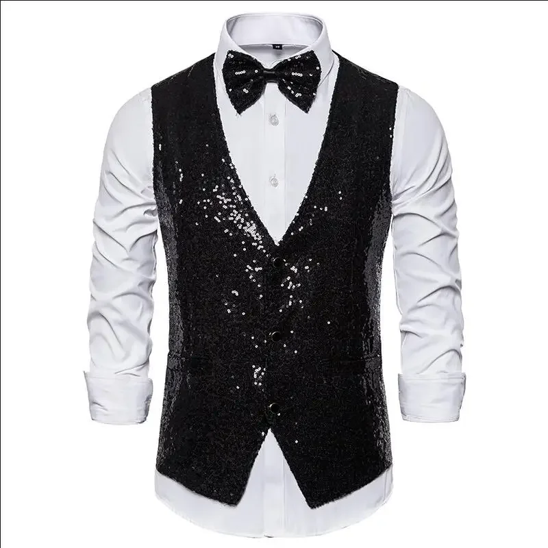 Glanzend groen pailletten sprankelend vest heren slim fit v-hals 2-delig herenvest met vlinderdas bruiloft podium prom kostuum gilet