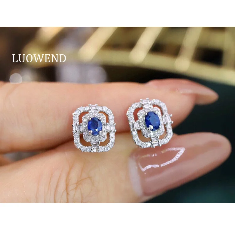 

LUOWEND 18K White Gold Earrings Fashion Shiny Design Real Natural Diamond Natural Sapphire Earrings for Women High Party Jewelry