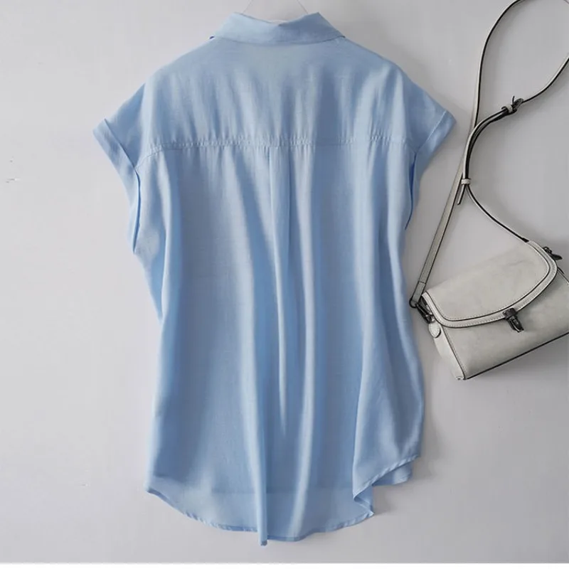 Camisa de oficina de un solo pecho para mujer, Tops versátiles a la moda, cuello tipo POLO con bolsillos, Color liso, novedad de 2024