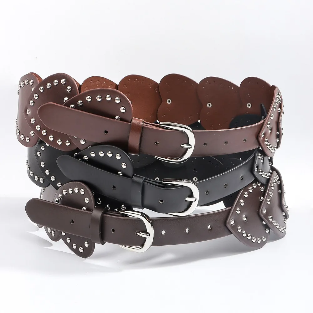 خمر الحب القلب واسعة حزام للنساء فاسق بولي Leather الجلود برشام حزام خصر Y2k الأمريكية الرجعية فستان حزام البنطال الجينز الشارع الشهير