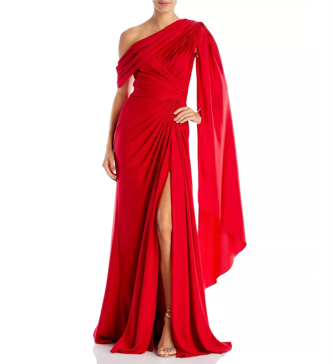 

Customized Long Red Crepe Evening Dresses Slit Mermaid One Shoulder فساتين سهرة Watteau Train Prom Dress for Women
