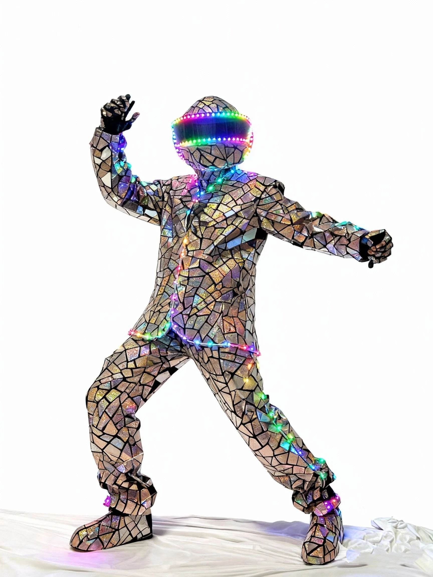 

Men’s Futuristic Mosaic LED Suit – Holographic Crackle Costume with RGB Glowing Helmet For Raves Stage Cyberpunk Cosplay