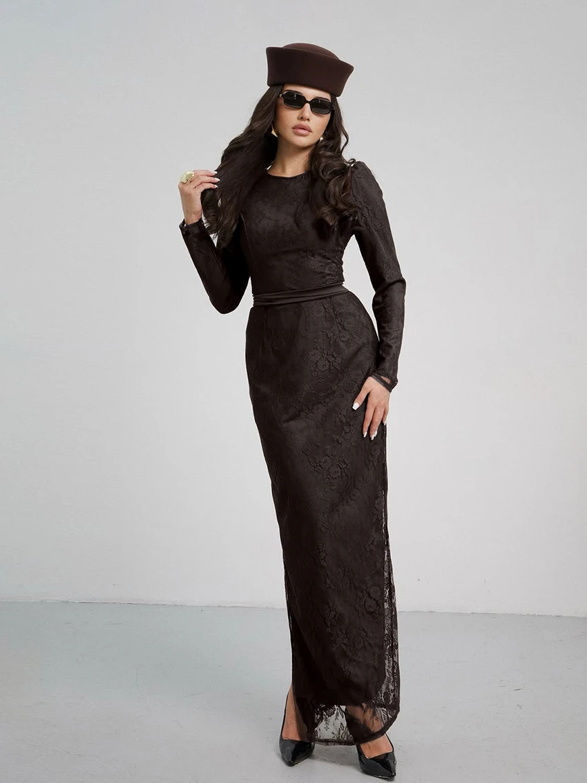 

Marthaqiqi Lace Female Nightwear Lace Up Pajamas Long Sleeve Sleepwear O-Neck Nightgowns Winter Ankle-Length Dress Women Nightie