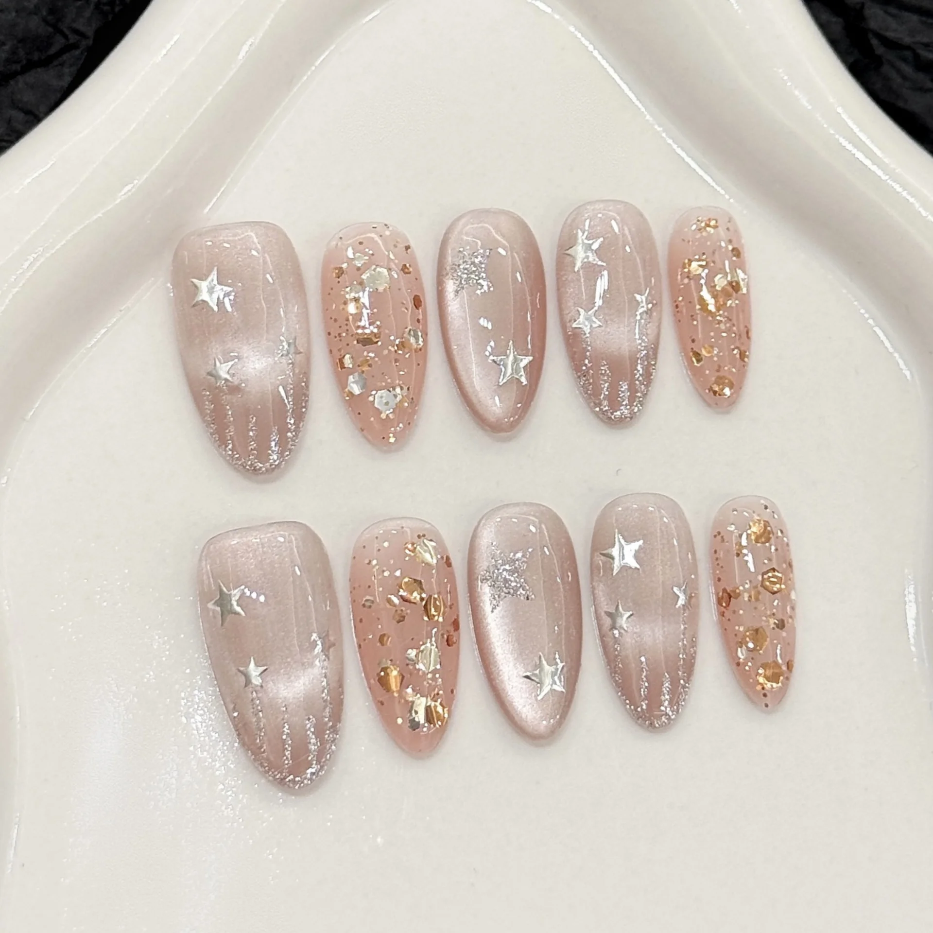 

10pcs Glitter Handmade False Nails Tip Short Oval Press on Nails Art Star Design Full Cover Datachable Fake Nail Aurora Manicure