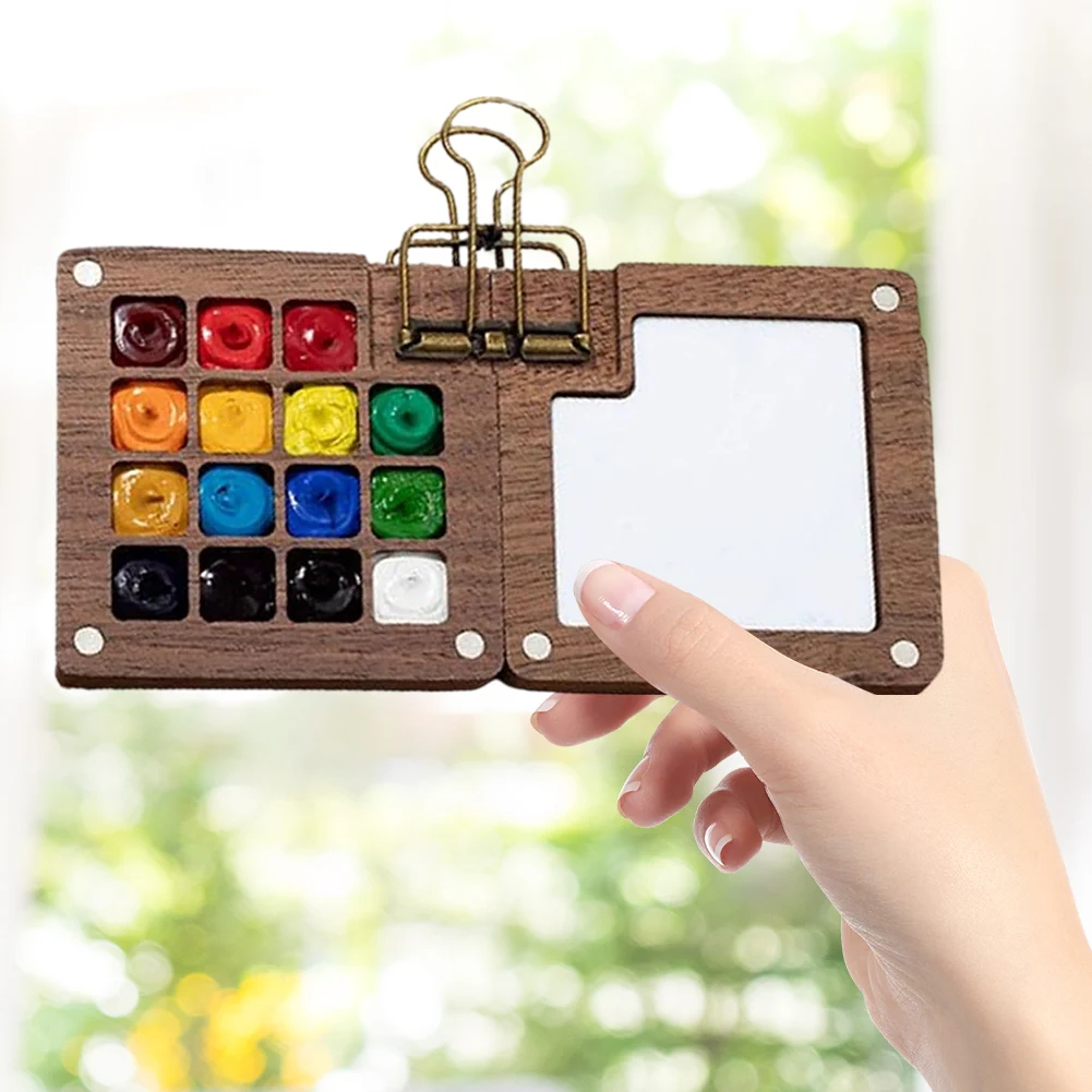 Multi Colors Wooden Grid Paint Box Pocket Artist Travel Paint Palette Mini Watercolor Paint Set for Painters Artists Students