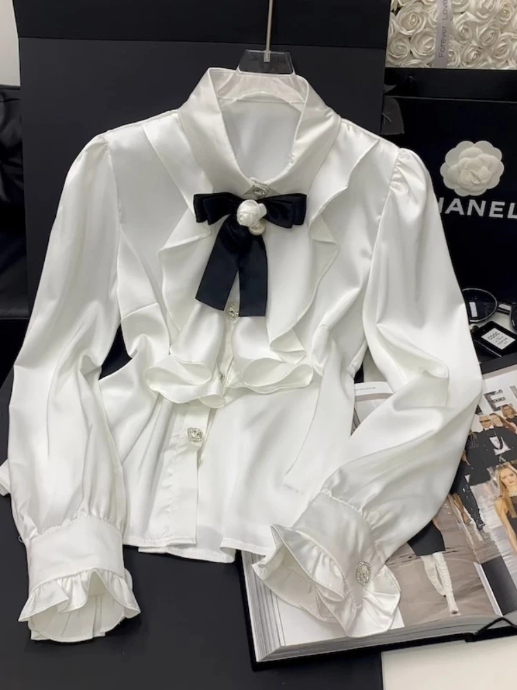 

Викторианские винтажные рубашки в стиле Лолиты в готическом стиле, женские рубашки во французском стиле с милым бантом и оборками, тонкие блузки Harajuku Y2k, топы JK с длинными рукавами