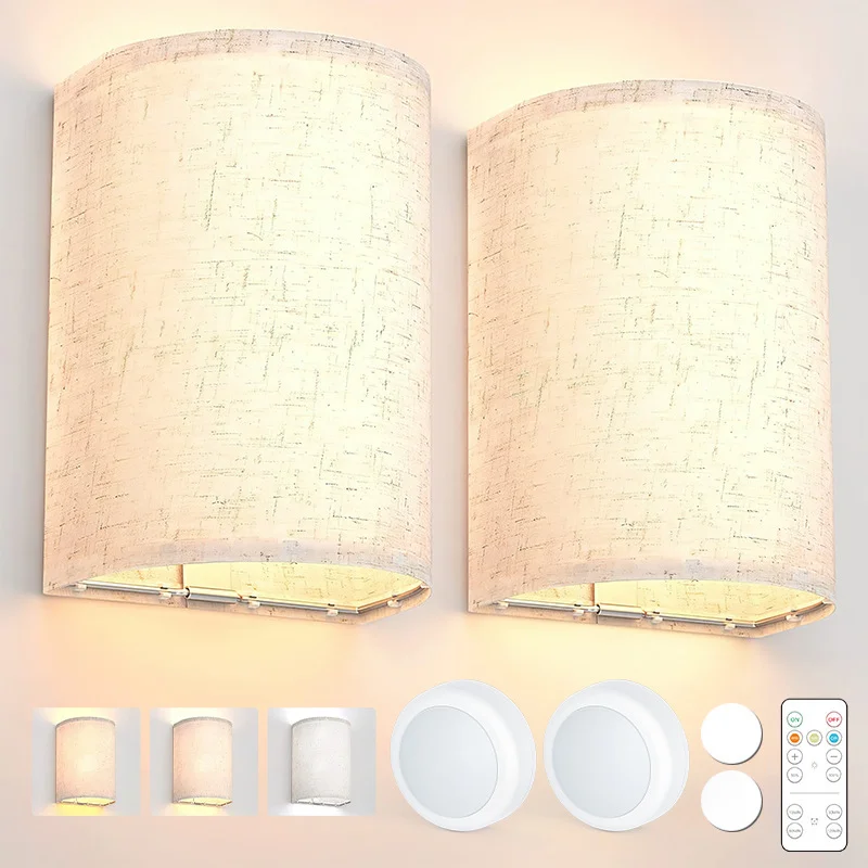 

3-color dimmable fabric wireless wall lamp battery powered wall lamp set of two, rechargeable wall lamps with remote control