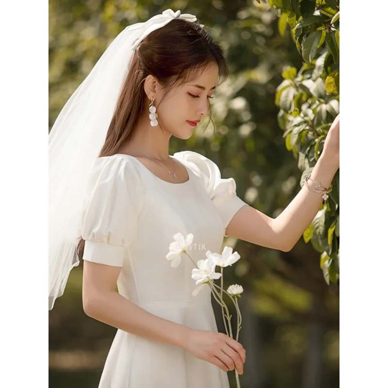 Light Luxury Satin Midi Wedding Dresses Temperament Dress Women's Summer White Photos Shoot Dress Simple Bridal Gown Customized
