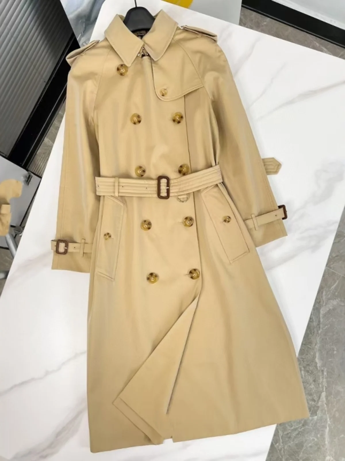 

Ele Long Ladies' Double-Breasted Coat Knee-Length Briti Sle Spring Autumn New Arrival Commute Straight Cut Cotton Coat