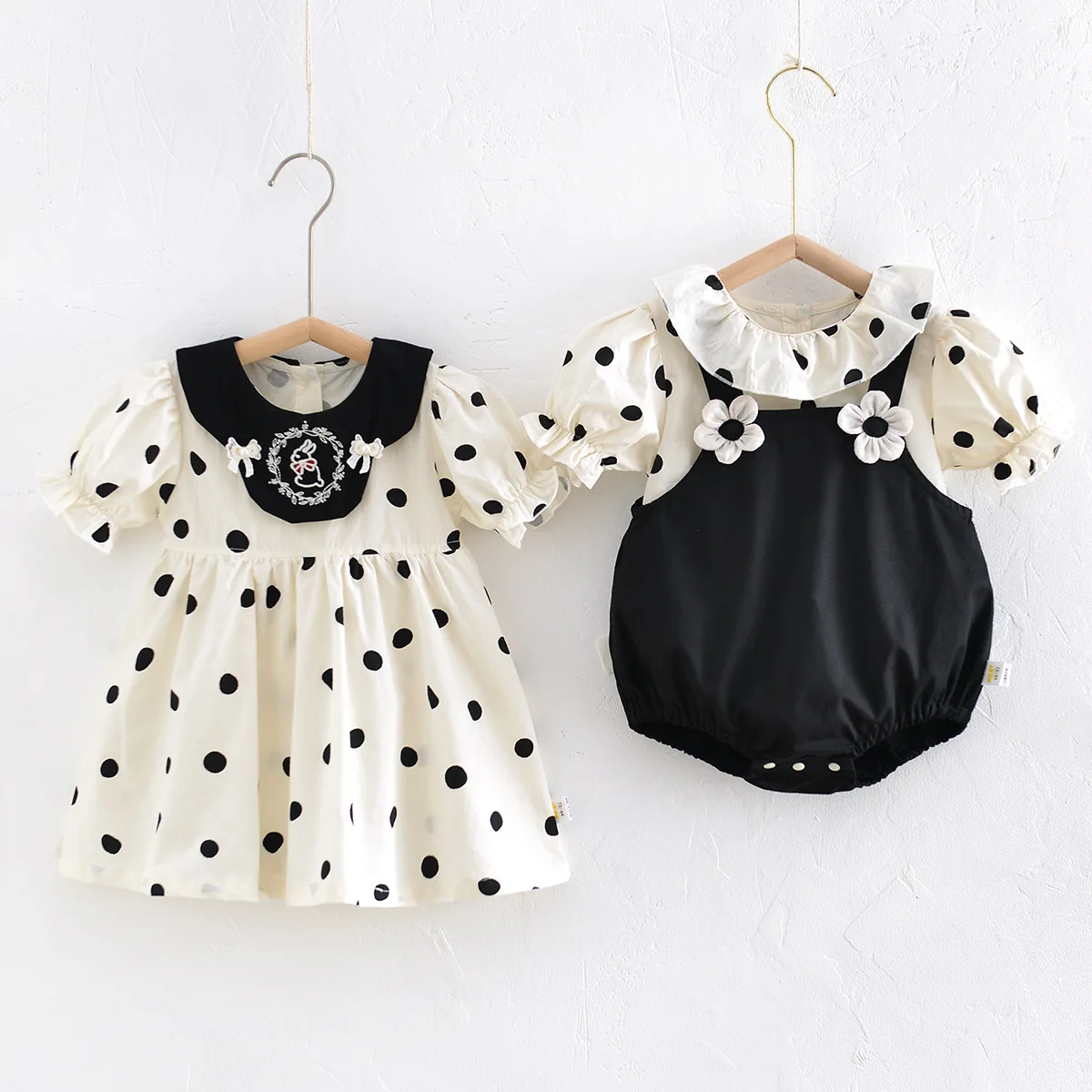 

Summer Baby Girls 2PCS Clothes Set Dot Embroidery Peter Pan Collar Puff Sleeve Shirt 3D Floral Overalls Suit Infant Girl Outfits