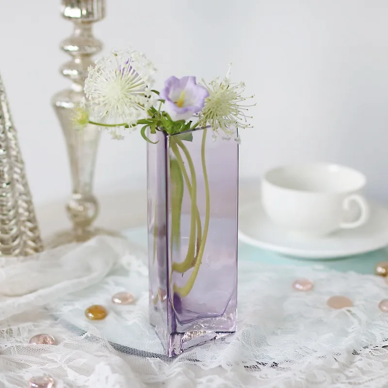Romantic Purple Triangular Relief Glass Vase Hydroponic Systems Retro Flower Bottle Ornament Home Decoration Accessories