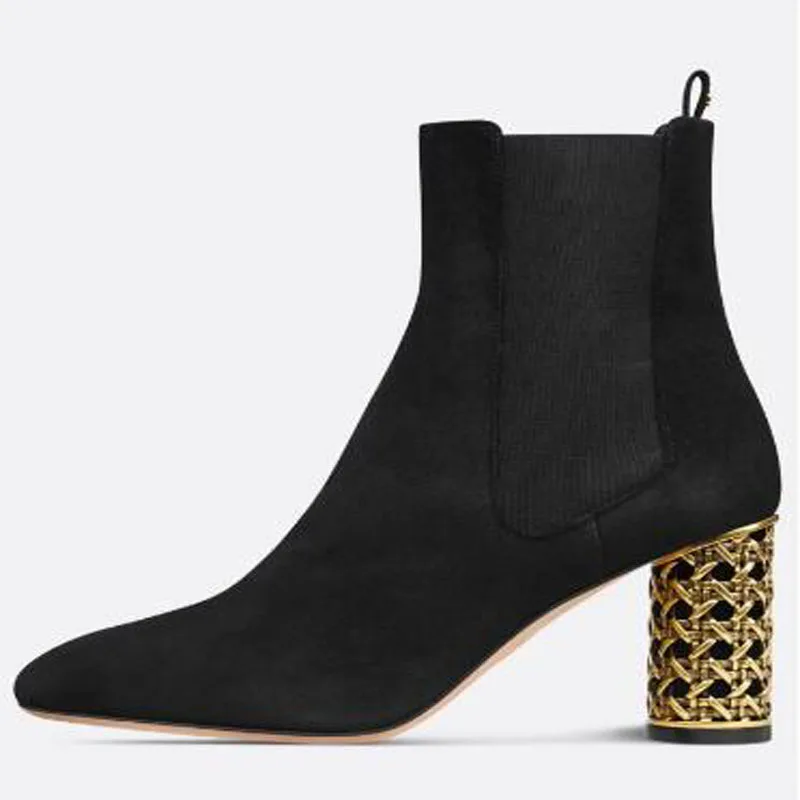 New Fall Woman Black Suede Square Toe Knitting Round Heels Slip On Ankle Chelsea Boots Female Fashion Slim Short Booties Shoes