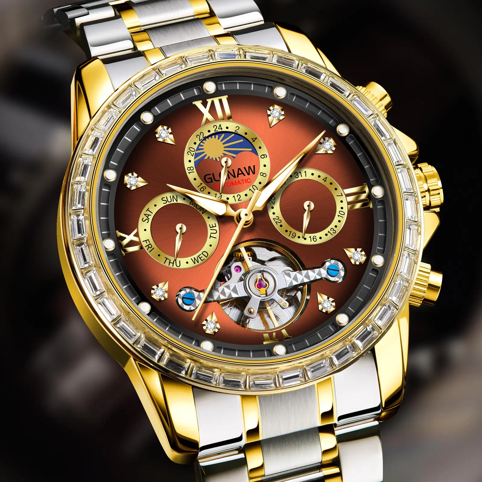 ساعة Glenaw من أفضل العلامات التجارية الأوتوماتيكية بالكامل متعددة الوظائف ميكانيكية للرجال، ساعة مقاومة للماء