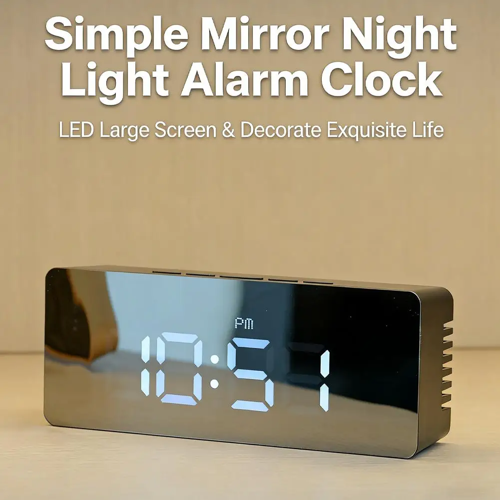 Reloj Despertador Digital Pequeño, Reloj Electrónico LED con Superficie de Espejo y Pantalla Grande, Brillo Ajustable para Dormitorio, Escritorio