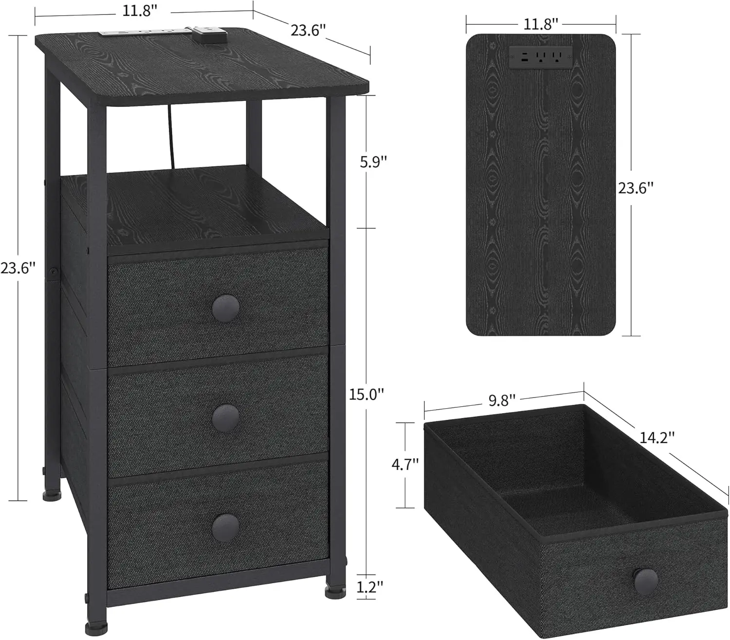 

End Table With Charging Station, Narrow Side Table With 3 Fabric Drawers, Slim Nightstand With Led Light, Small Bedside Table