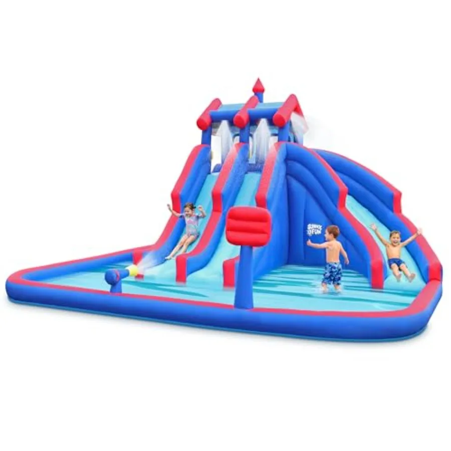 

Outdoor inflatable water park with heavy-duty PVC, blue and yellow, triple slide, climbing wall, splash pool, quick setup with