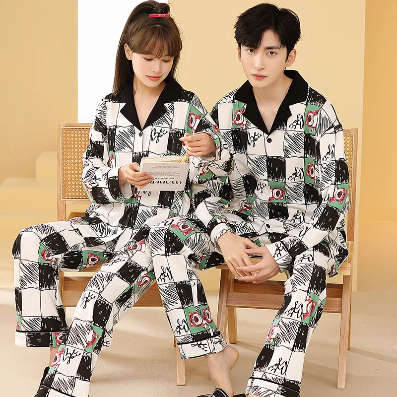 Ensemble de pyjamas de couple deux pièces pour hommes et femmes, vêtements d'intérieur College, vêtements de nuit en pur coton imbibé, vêtements de nuit pour hommes et femmes, vêtements de nuit de printemps