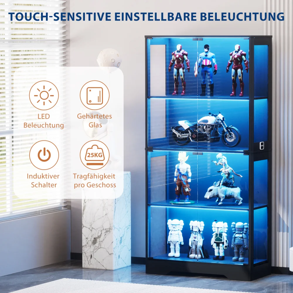 Vierstöckige Glasvitrine mit Stauraum, LED-Beleuchtung, Glastüren und intelligenten Sensoren, staubdichte Glasvitrine – Detail 10