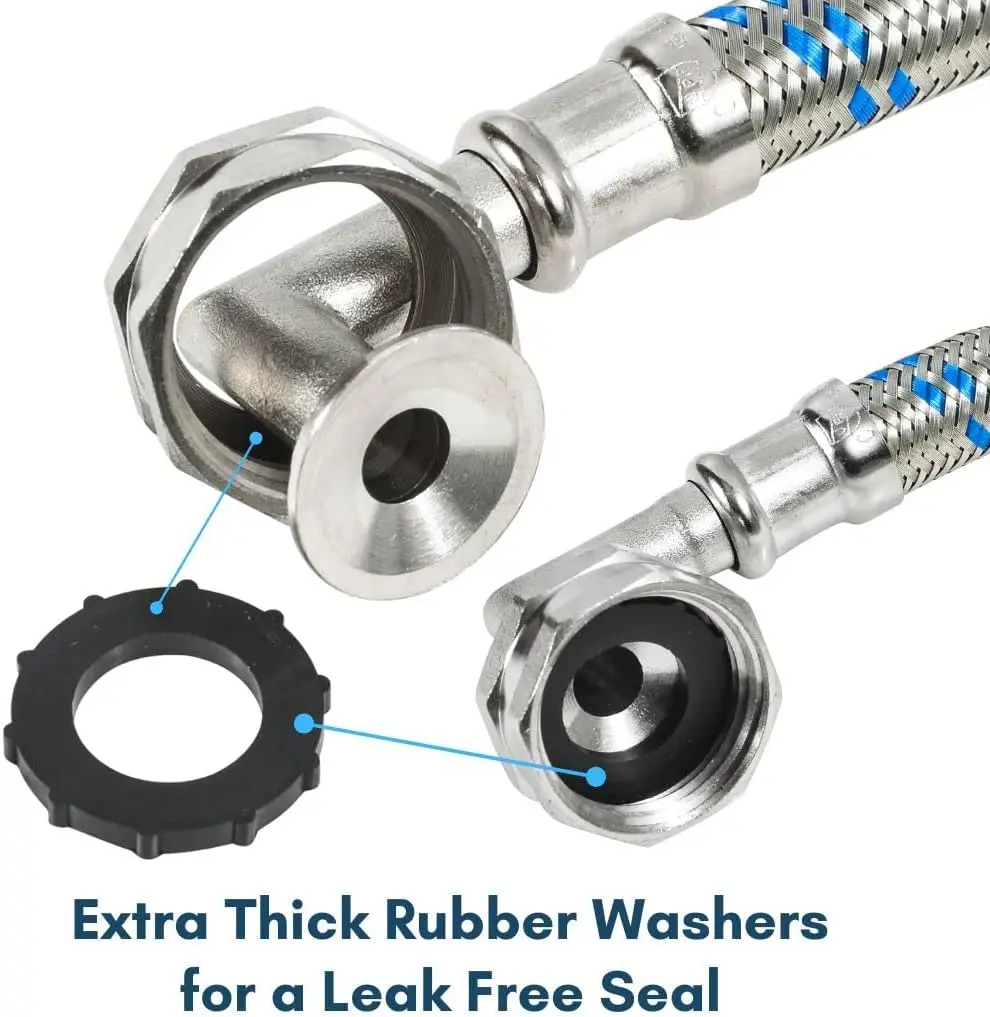 خراطيم غسالة من الفولاذ المقاوم للصدأ المجدول بطول 16 قدمًا مع وصلة 90 درجة °   وصلة كوع، متوافقة عالميًا، مقاومة للانفجار - عبوة من قطعتين