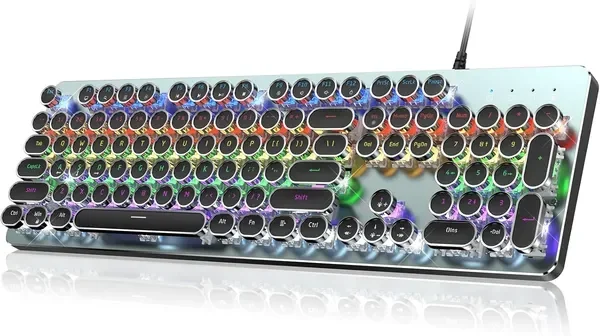 Typewriter Style Mechanical Gaming Keyboard, Metal Panel, Retro Punk Round Keycaps, Clicky Blue