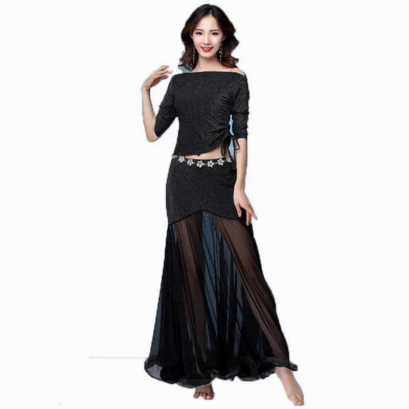 Buikdanskostuum Professioneel pak voor dames Mesh korte mouwen Top + sexy split lange rok 2 stuks Oosters danspak voor meisjes