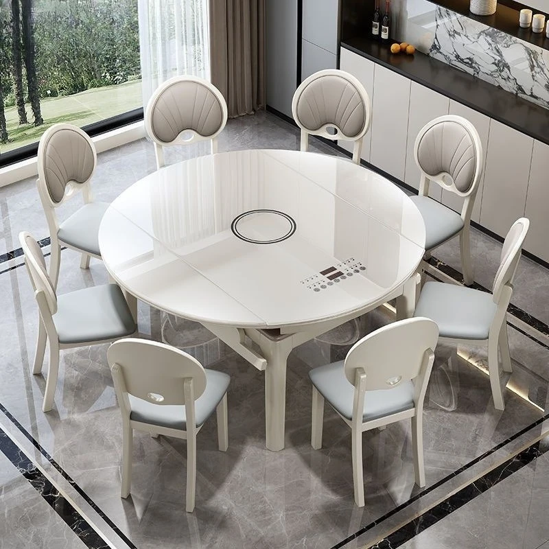 

Stone solid wood dining table household light luxury glass retractable folding square and round dual-purpose induction