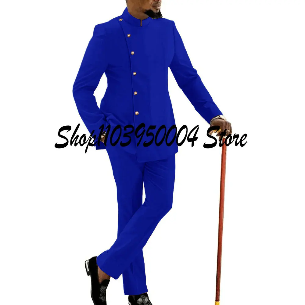 2024 African Design Men Suits Royal Blue Stand Collar Jacket Pants 2 Pieces Set Formal Mens Party Blazer Costume Homme