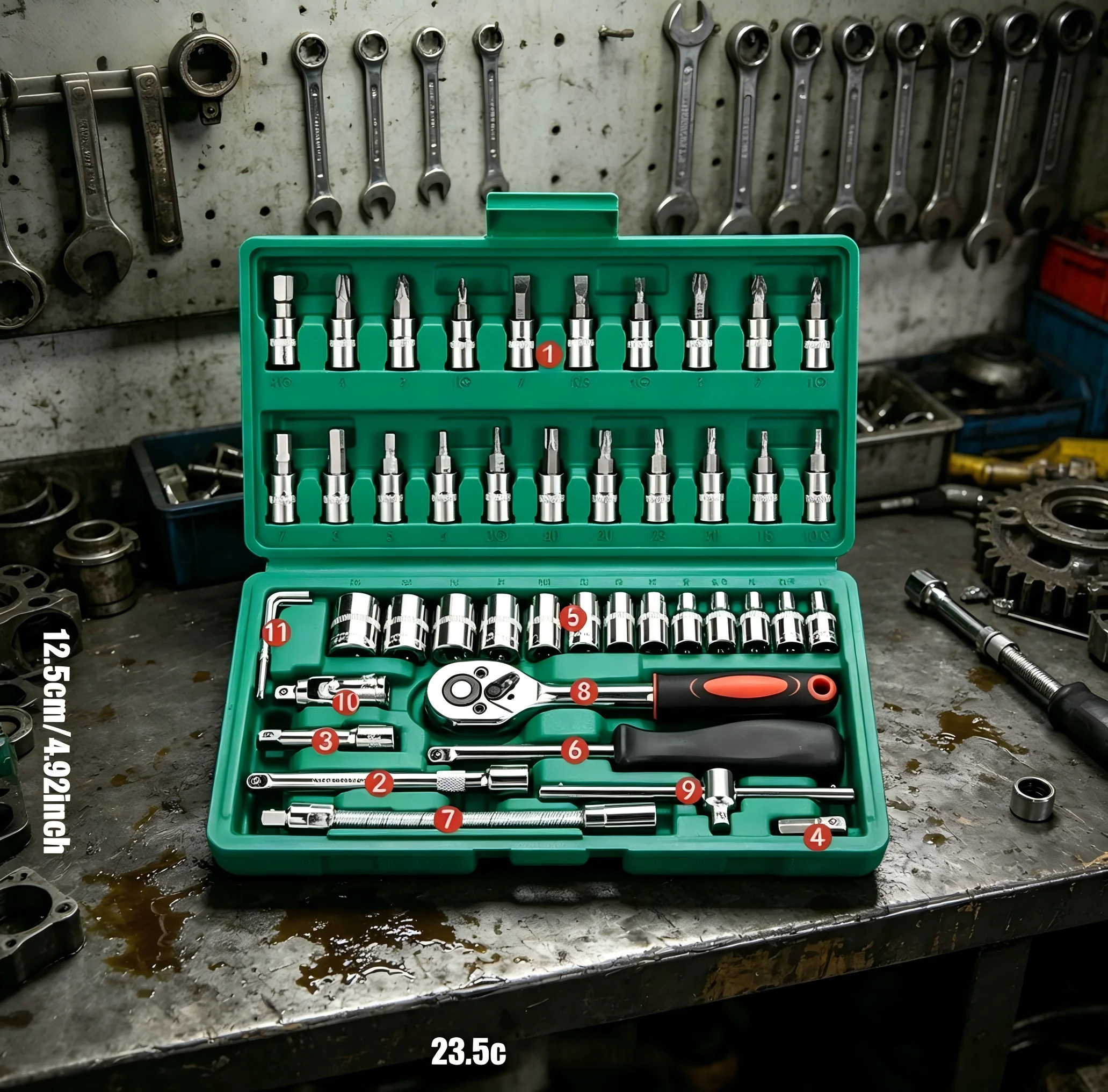 Kit d'outils mécaniques 46 pièces pour la réparation automobile, avec douilles métriques, embouts hexagonaux et clé à cliquet en pouces