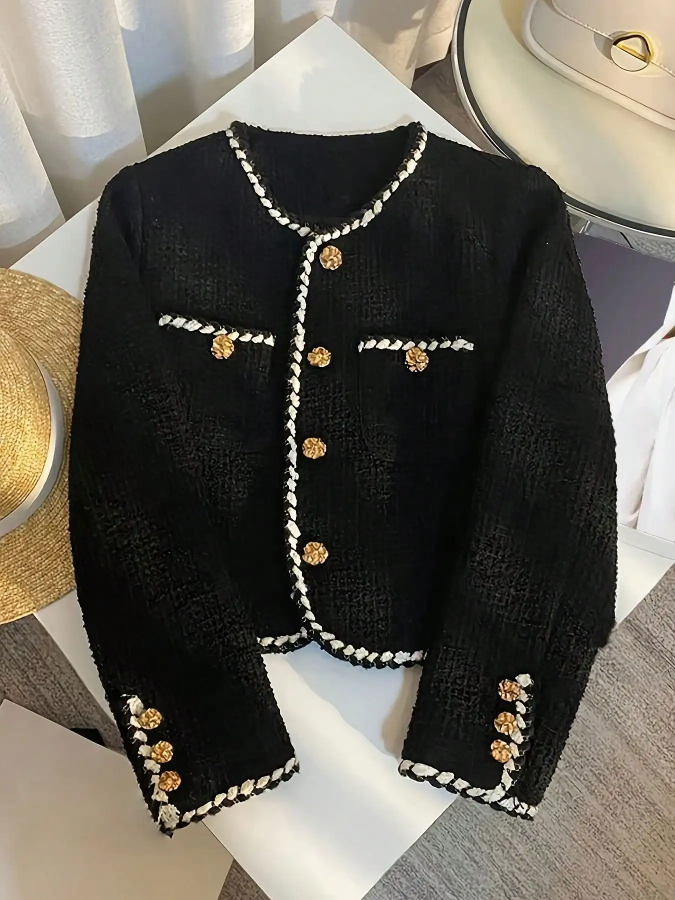 

Black Tweed Jacket with White Trim & Gold Buttons, Collarless Short Blazer for Office or Party