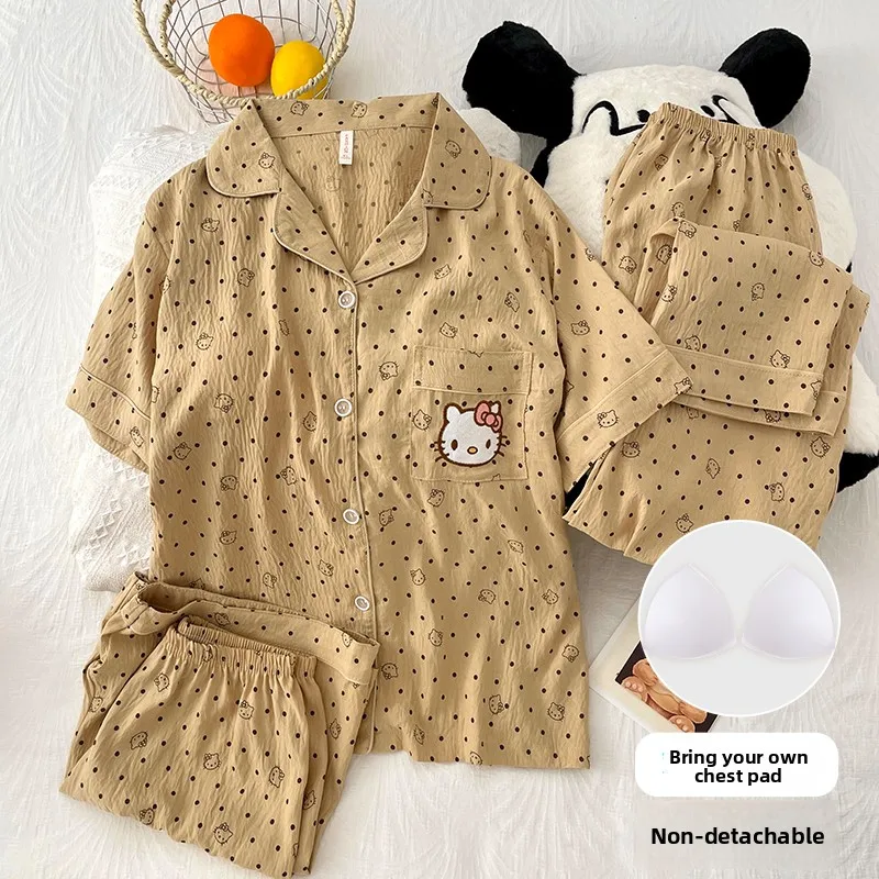 Летние женские пижамы Hello Kitty с милыми лацканами и рисунком для девочек, домашняя одежда
