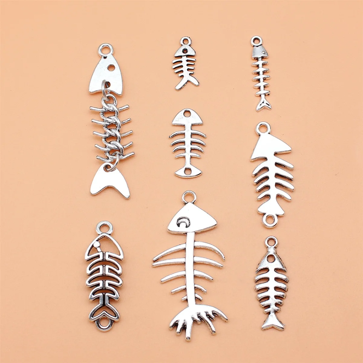 8pcs Antique Silver Color Fish Bones Charms Collection For DIY Jewelry Making, 8 Styles, 1 of Each