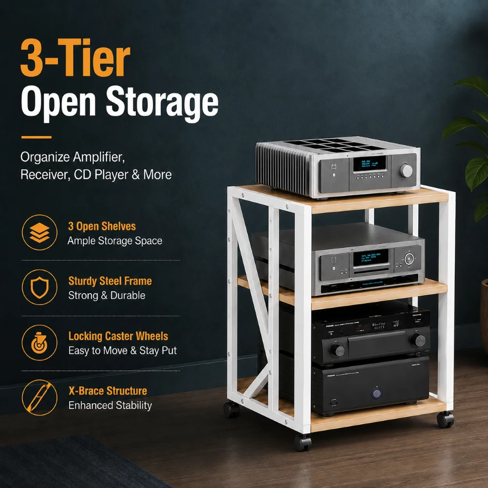 2-3 Tier Audio Rack Steel Frame Media Bracket 18mm Thick E1 Panels Amplifiers Stand with Wheels For Amp Home Theather Storage DJ
