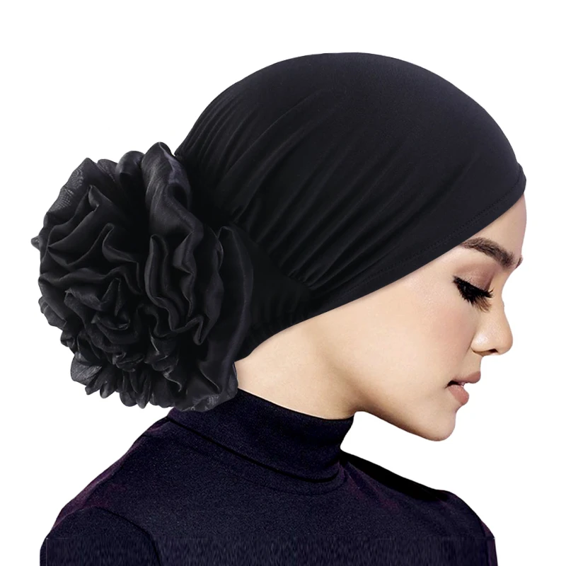 Women's Hijabs Turban Big Flower Elastic Cloth Hair Bands Hat Beanie Ladies Muslim Solid Hair Loss Scarf Cap Hair Accessories