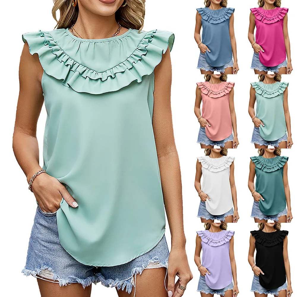 

Spring and Summer Solid Color, Pleated Crew Neck Splicing, Sleeveless Chiffon Top for Women