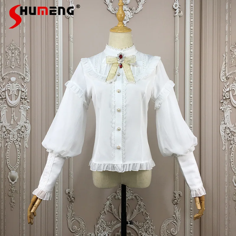 

Autumn Winter Lolita Inside Shirt Female Slim-Fit Elegant Vintage Lamb Leg Sleeve Blouses Women Long-sleeved Chiffon Sweet Tops